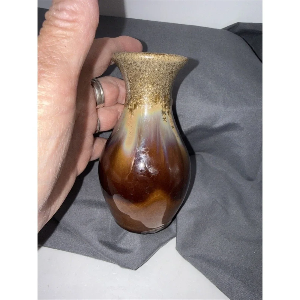 Vintage Studio Pottery Running Amber Brown Glazed Pottery Vase 5